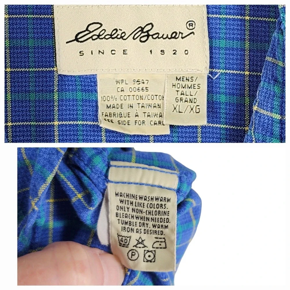 Eddie Bauer XL Mens Button Down Shirt Plaid Blue Green Yellow 100%‎ Cotton